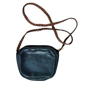 L.J. Simone Genuine Leather Black Crossbody Bag with brown braided strap